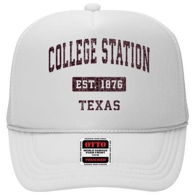 College Station Texas Tx Vintage Athletic Red Sports Design High Crown Mesh Back Trucker Hat