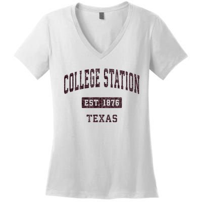 College Station Texas Tx Vintage Athletic Red Sports Design Women's V-Neck T-Shirt