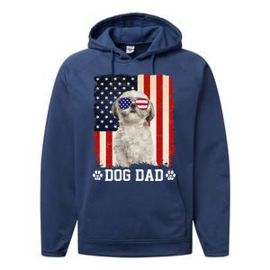 Cool Shih Tzu Dog Dad American Flag FatherS Day Performance Fleece Hoodie