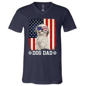 Cool Shih Tzu Dog Dad American Flag FatherS Day V-Neck T-Shirt