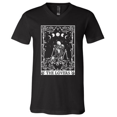 Celestial Skeleton The Lovers Tarot Card Moon Reading Holder V-Neck T-Shirt