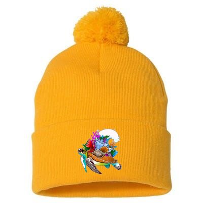Cool Sea Turtle Ocean Life Pom Pom 12in Knit Beanie