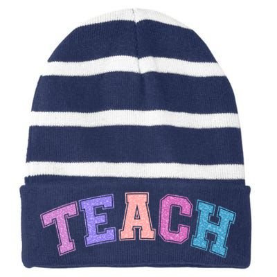 Cute Sporty Teach Logo Striped Beanie with Solid Band