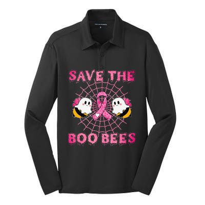 Cute Save The Boo Bees Halloween Breast Cancer Pink Ribbon Silk Touch Performance Long Sleeve Polo