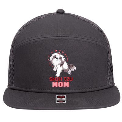 Cute Shih Tzu Mom Lover Illustration For Shih Tzu Dog Owner 7 Panel Mesh Trucker Snapback Hat