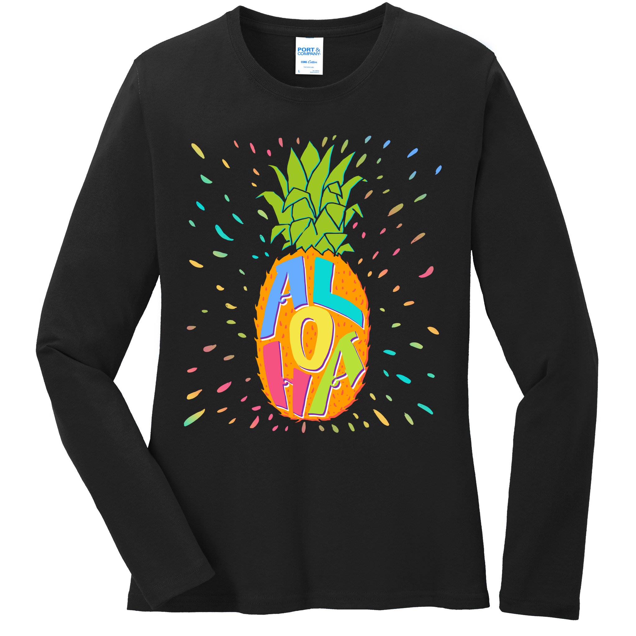 Colorful Summer Time Hawaiian Aloha Pineapple Ladies Long Sleeve Shirt