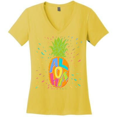 Colorful Summer Time Hawaiian Aloha Pineapple Women's V-Neck T-Shirt