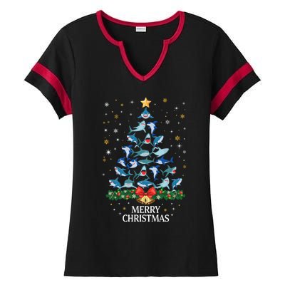 Christmas Shark Tree Design For Boys Girls Shark Xmas Gift Ladies Halftime Notch Neck Tee