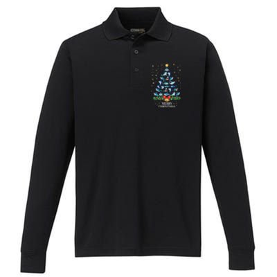 Christmas Shark Tree Design For Boys Girls Shark Xmas Gift Performance Long Sleeve Polo