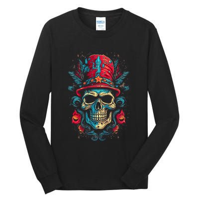 Colorful Skull Top Hat Day Of The Dead Dia De Los Muertos Tall Long Sleeve T-Shirt