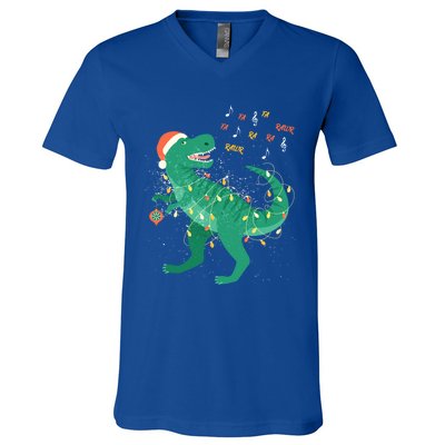 Cute Santa T Rex Singing Fa Ra Ra Rawr Xmas Funny Gift Dino Lover Cute Gift V-Neck T-Shirt