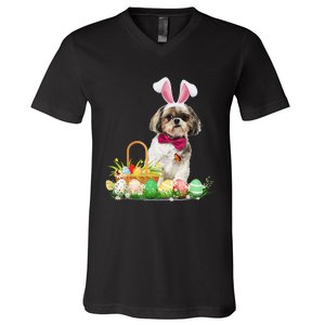 Cute Shih Tzu Easter Day Bunny Eggs Easter Costume V-Neck T-Shirt