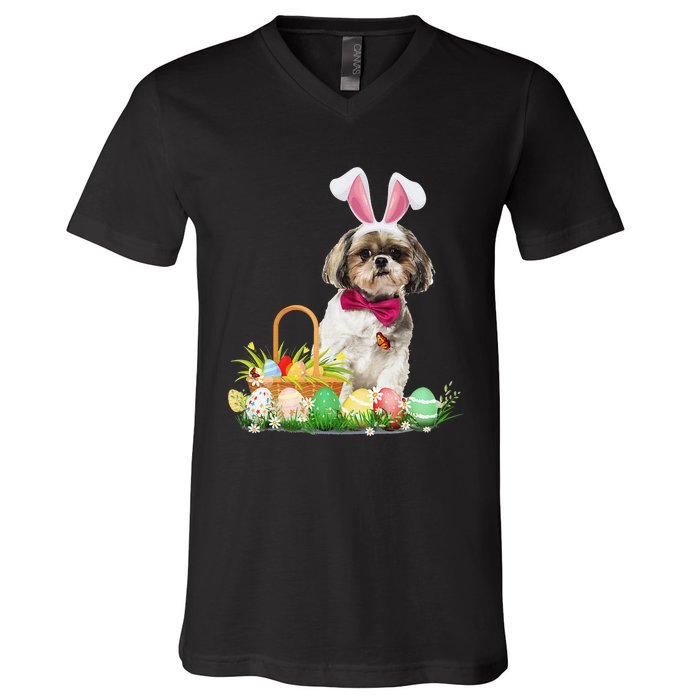 Cute Shih Tzu Easter Day Bunny Eggs Easter Costume V-Neck T-Shirt