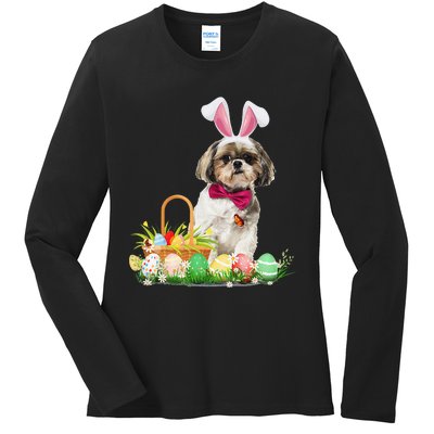 Cute Shih Tzu Easter Day Bunny Eggs Easter Costume Ladies Long Sleeve Shirt