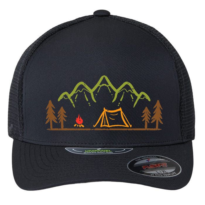 Camping Site Tent Trees Mountain Minimalistic Camp Flexfit Unipanel Trucker Cap