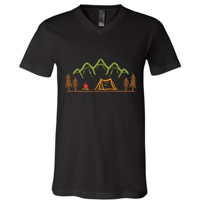 Camping Site Tent Trees Mountain Minimalistic Camp V-Neck T-Shirt