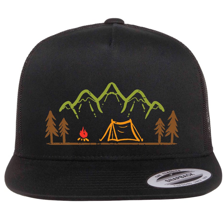 Camping Site Tent Trees Mountain Minimalistic Camp Flatbill Hat