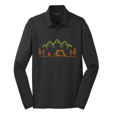 Camping Site Tent Trees Mountain Minimalistic Camp Silk Touch Performance Long Sleeve Polo