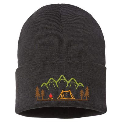 Camping Site Tent Trees Mountain Minimalistic Camp Sustainable Knit Beanie