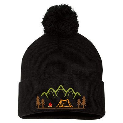 Camping Site Tent Trees Mountain Minimalistic Camp Pom Pom 12in Knit Beanie