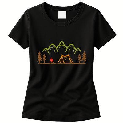 Camping Site Tent Trees Mountain Minimalistic Camp Womens T-Shirt