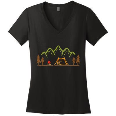 Camping Site Tent Trees Mountain Minimalistic Camp Women's V-Neck T-Shirt