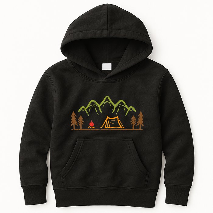 Camping Site Tent Trees Mountain Minimalistic Camp Kids Hoodie