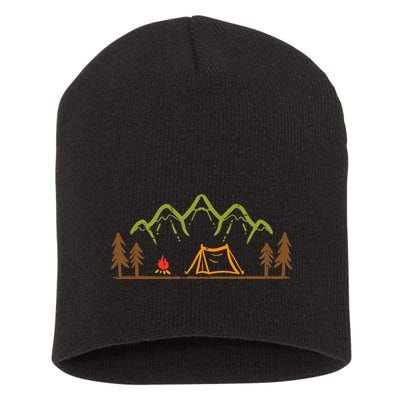 Camping Site Tent Trees Mountain Minimalistic Camp Short Acrylic Beanie