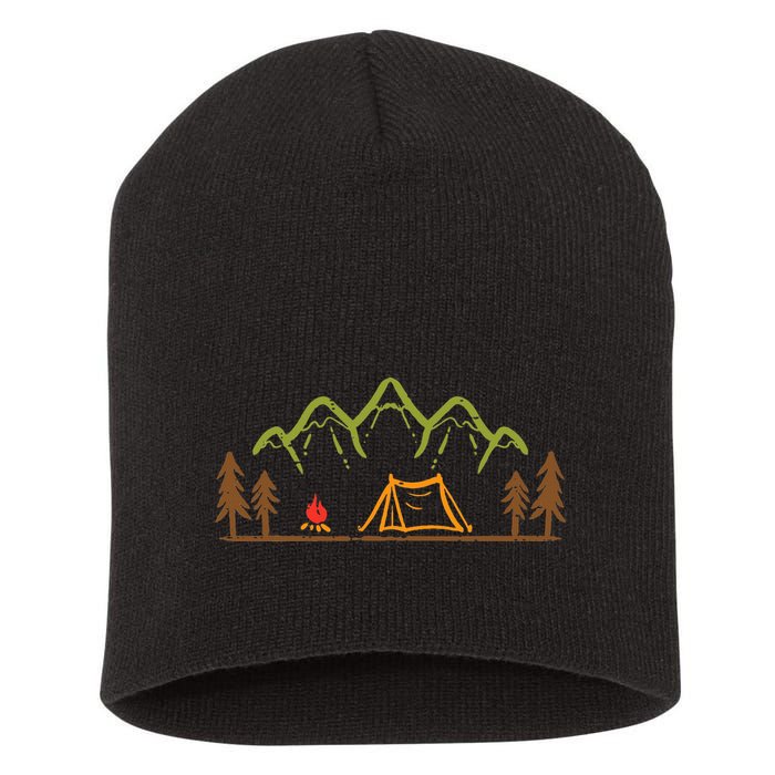 Camping Site Tent Trees Mountain Minimalistic Camp Short Acrylic Beanie