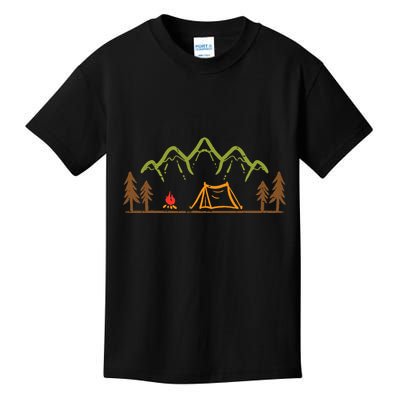 Camping Site Tent Trees Mountain Minimalistic Camp Kids T-Shirt