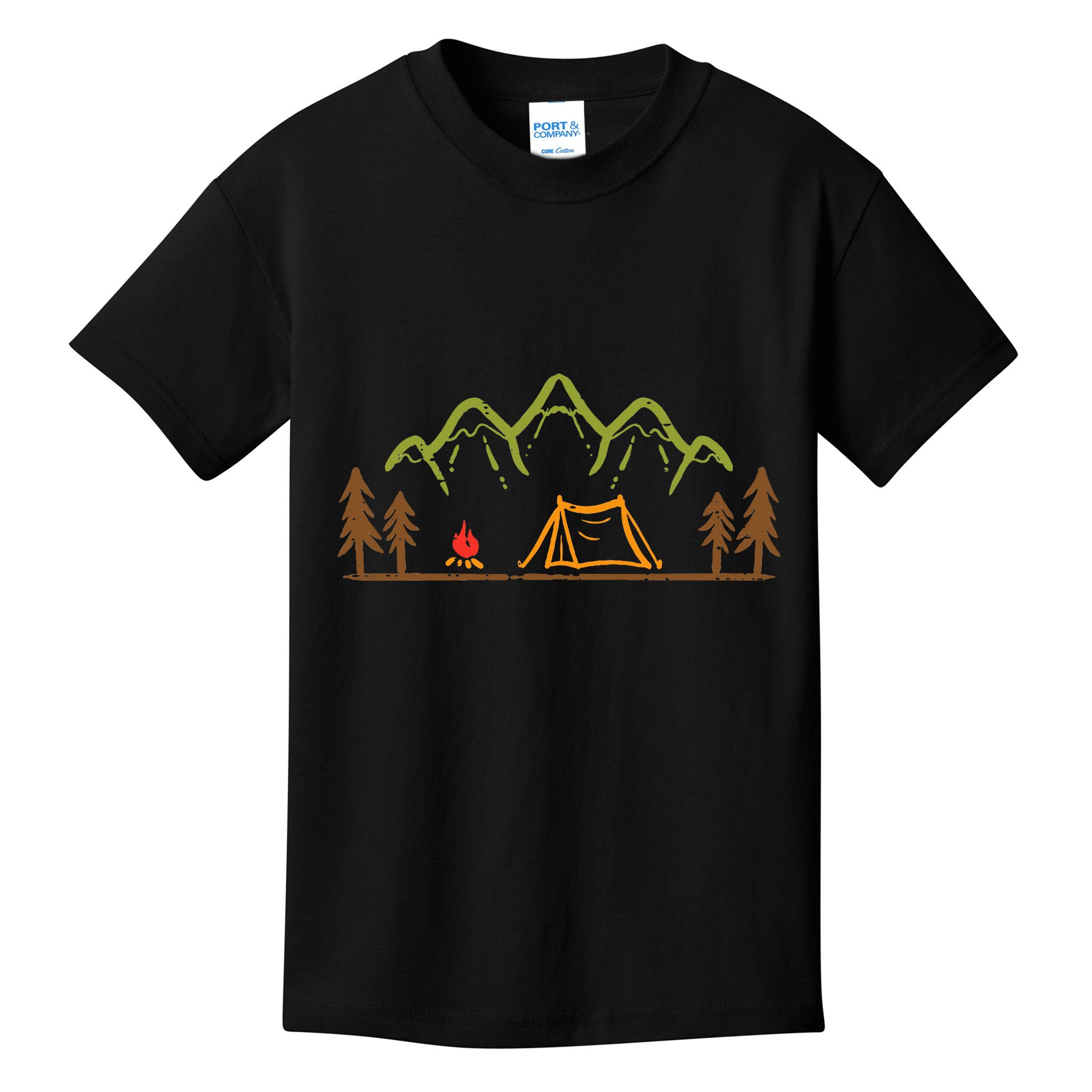 Camping Site Tent Trees Mountain Minimalistic Camp Kids T-Shirt
