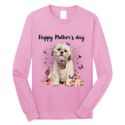 Cute Shih Tzu Mom Flower Happy Mother's Day Love Dog Long Sleeve Shirt