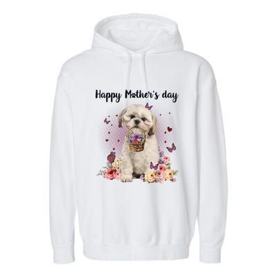 Cute Shih Tzu Mom Flower Happy Mother's Day Love Dog Garment-Dyed Fleece Hoodie