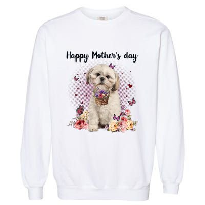 Cute Shih Tzu Mom Flower Happy Mother's Day Love Dog Garment-Dyed Sweatshirt