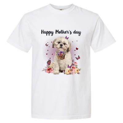 Cute Shih Tzu Mom Flower Happy Mother's Day Love Dog Garment-Dyed Heavyweight T-Shirt