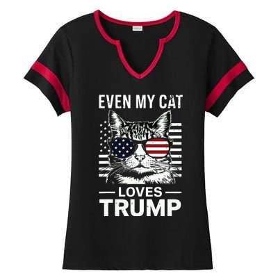 Cat Sunglasses Usa Flag Even My Cat Loves Trump Ladies Halftime Notch Neck Tee