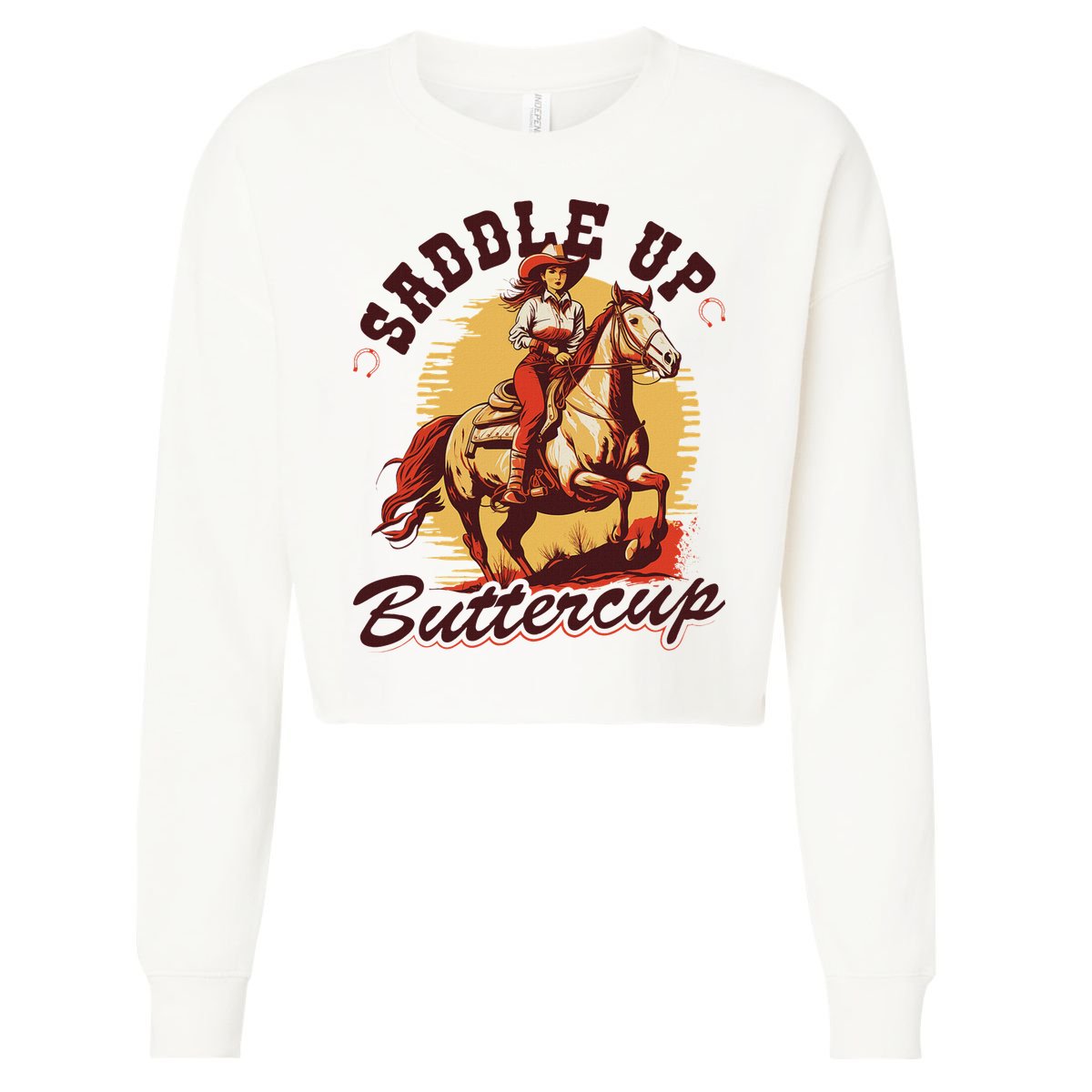 Country Saddle Up Buttercup Bronc Horse Riding Cowgirl Cropped Pullover Crew
