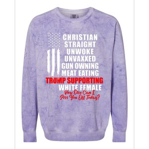 Christian Straight Unwoke Unvaxxed Gun Owning Meat Eating Trump Supporter Female Colorblast Crewneck Sweatshirt