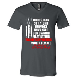 Christian Straight Unwoke Unvaxxed Gun Owning Meat Eating Trump Supporter Female V-Neck T-Shirt