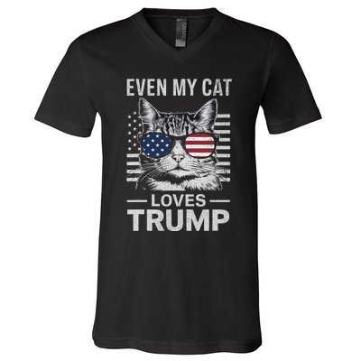 Cat Sunglasses Usa Flag Even My Cat Loves Trump V-Neck T-Shirt