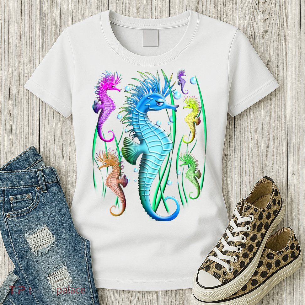 Colorful Seahorses Underwater Womens T-Shirt