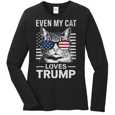 Cat Sunglasses Usa Flag Even My Cat Loves Trump Ladies Long Sleeve Shirt