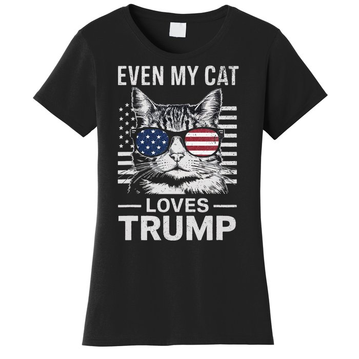 Cat Sunglasses Usa Flag Even My Cat Loves Trump Women's T-Shirt