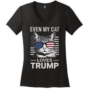 Cat Sunglasses Usa Flag Even My Cat Loves Trump Women's V-Neck T-Shirt