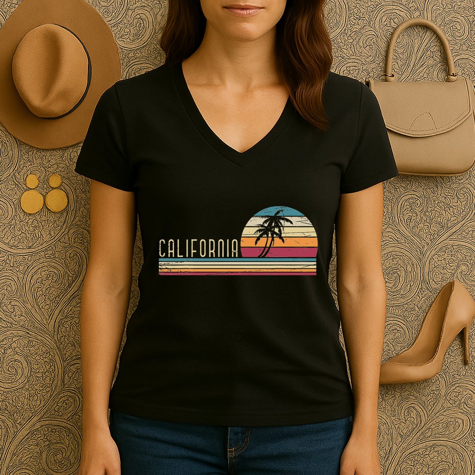 Cali Summer Vacation Ca Palm Trees Usa Retro California Women's V-Neck T-Shirt