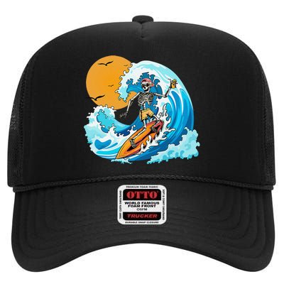 Cool Summer Vacation Skeleton Surfing Hawaii Hawaiian High Crown Mesh Back Trucker Hat