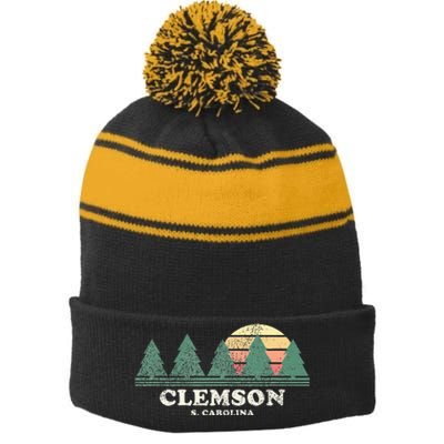 Clemson Sc Vintage Throwback Retro 70s Stripe Pom Pom Beanie