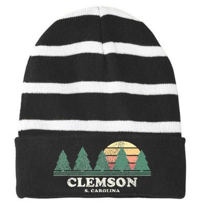 Clemson Sc Vintage Throwback Retro 70s Striped Beanie with Solid Band