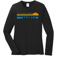 Cleveland Skyline Vintage Retro Sunset Cleveland Cityscape Ladies Long Sleeve Shirt