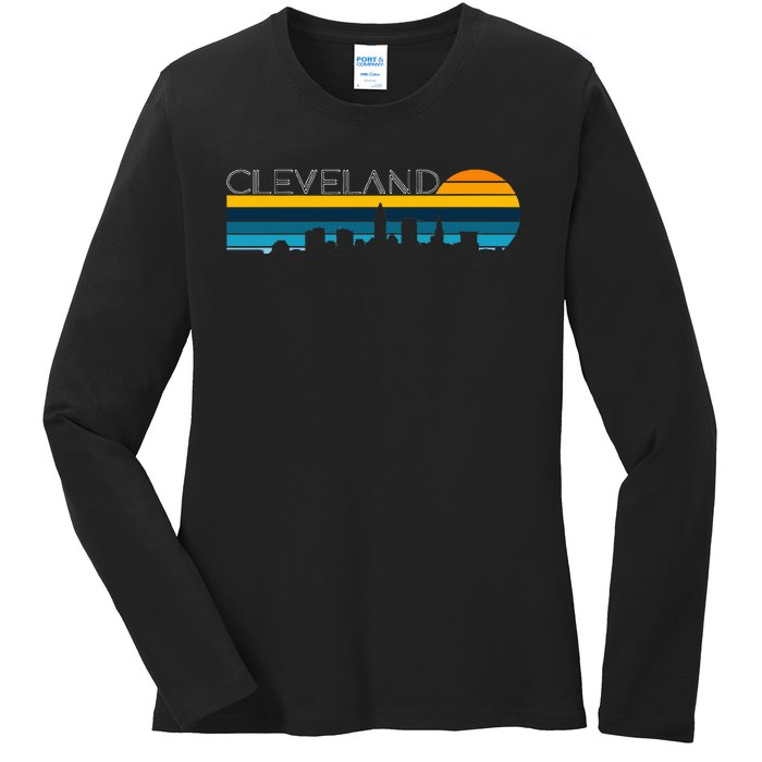 Cleveland Skyline Vintage Retro Sunset Cleveland Cityscape Ladies Long Sleeve Shirt